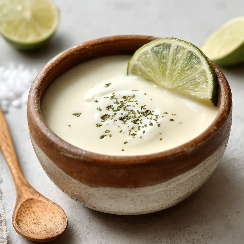 A bowl of cream sauce with limes on the side.