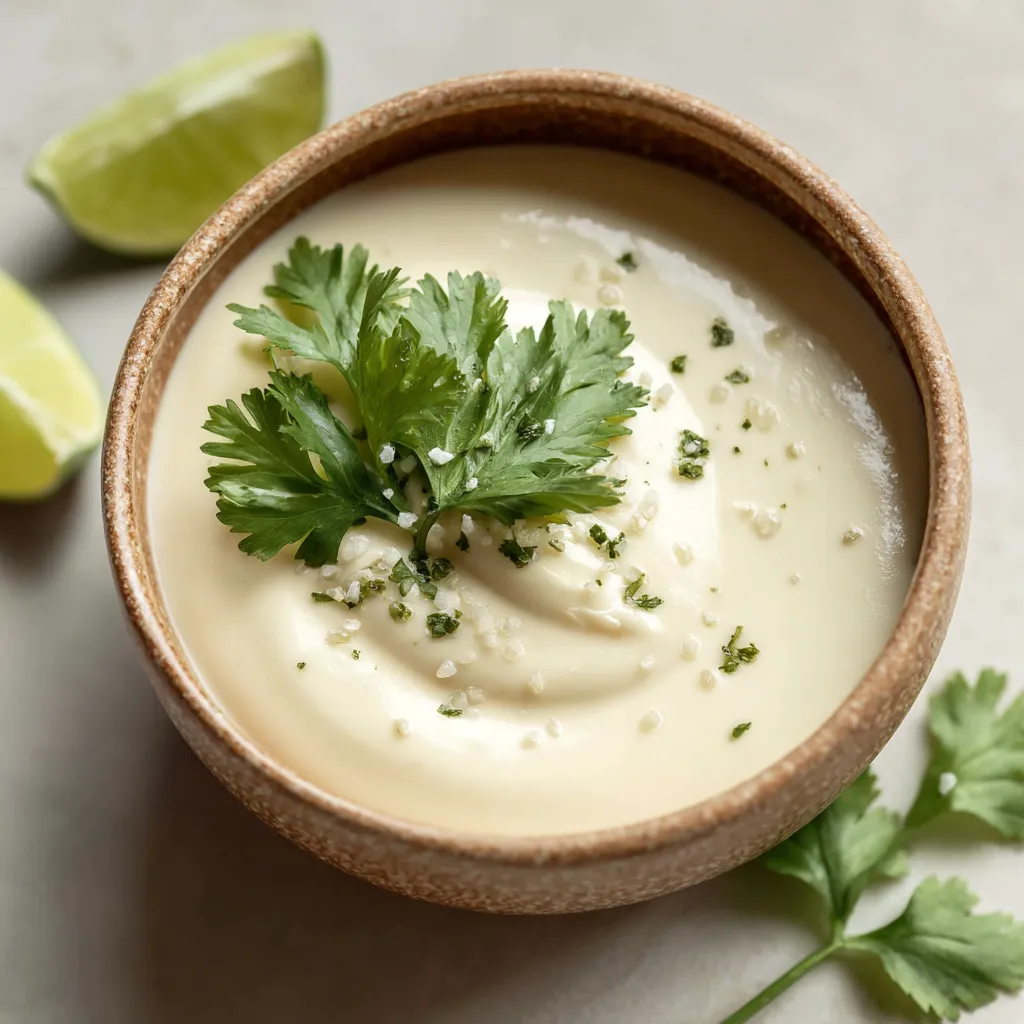 A bowl of cream sauce with a sprig of cilantro on top.