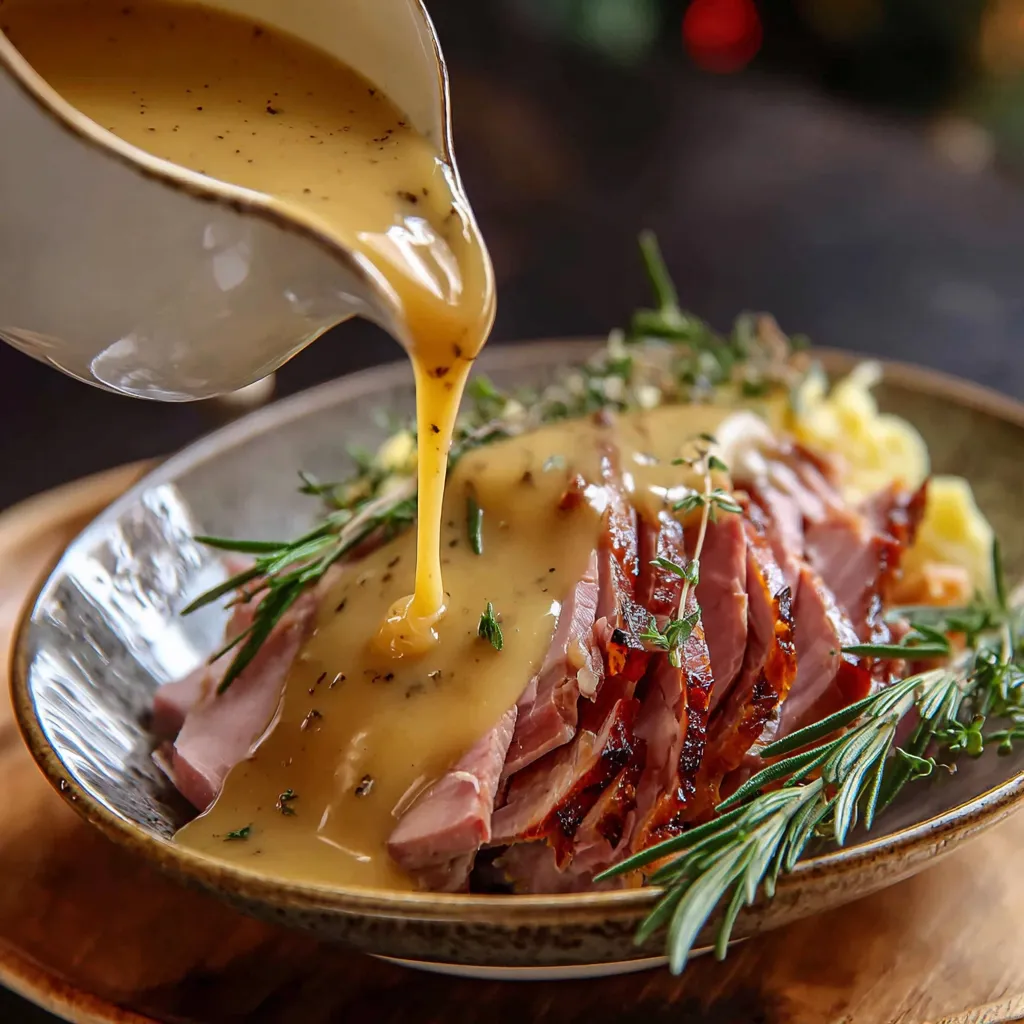 A close up of a plate of ham with gravy.
