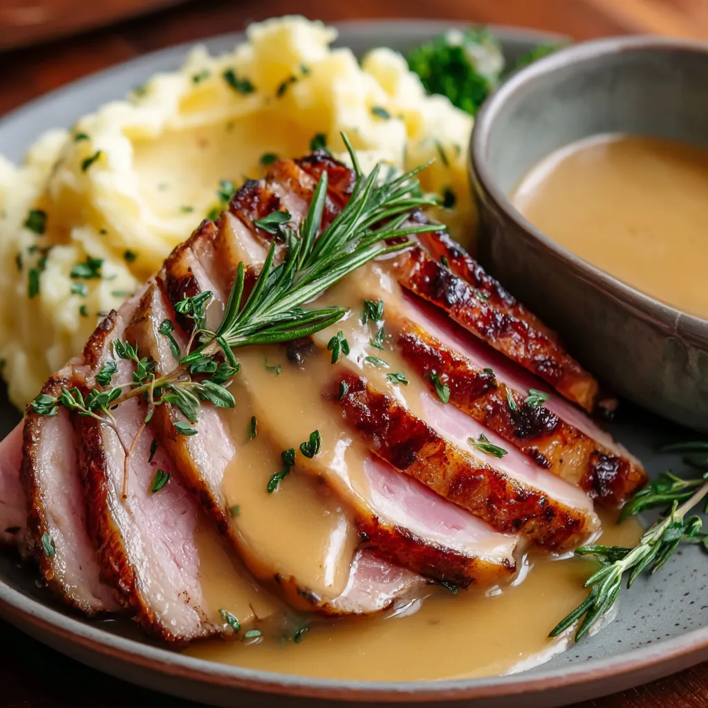 A plate of ham with gravy.