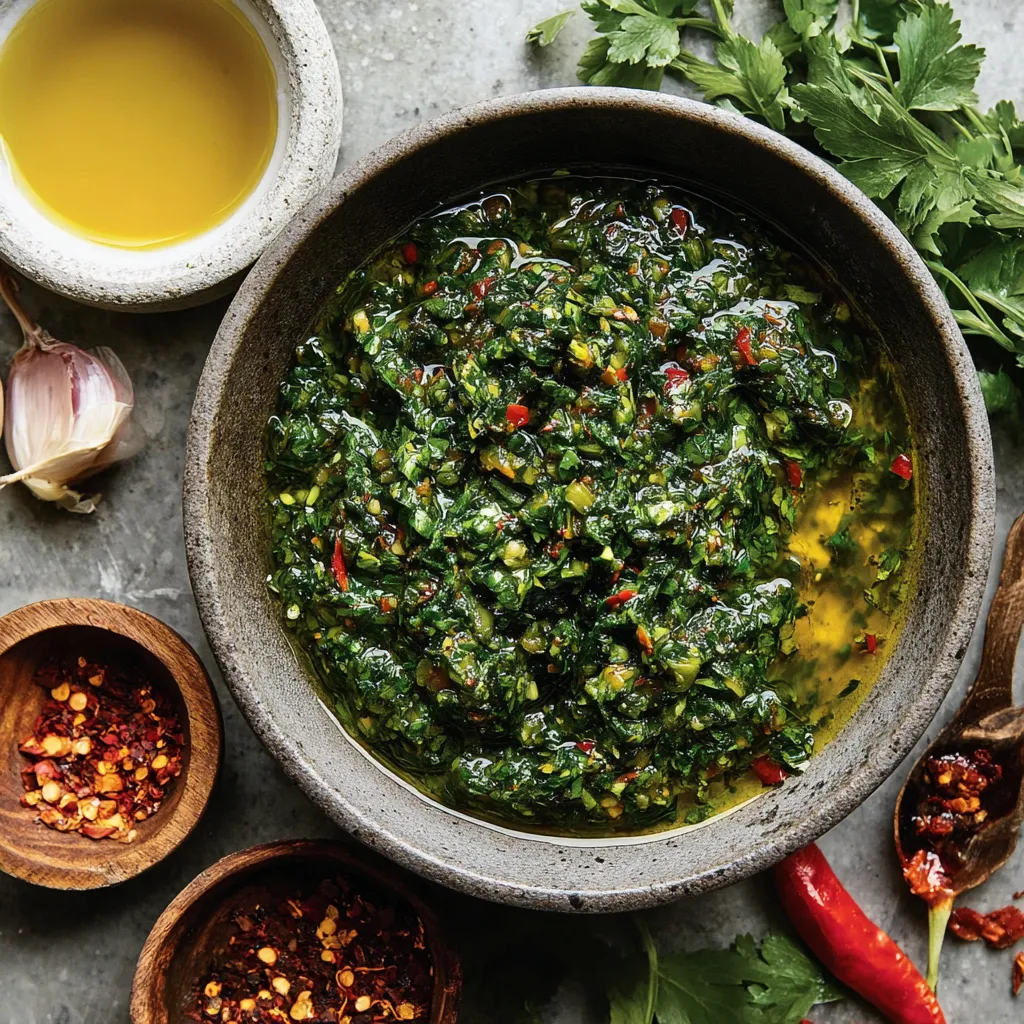 A bowl of green sauce with red peppers and onions.
