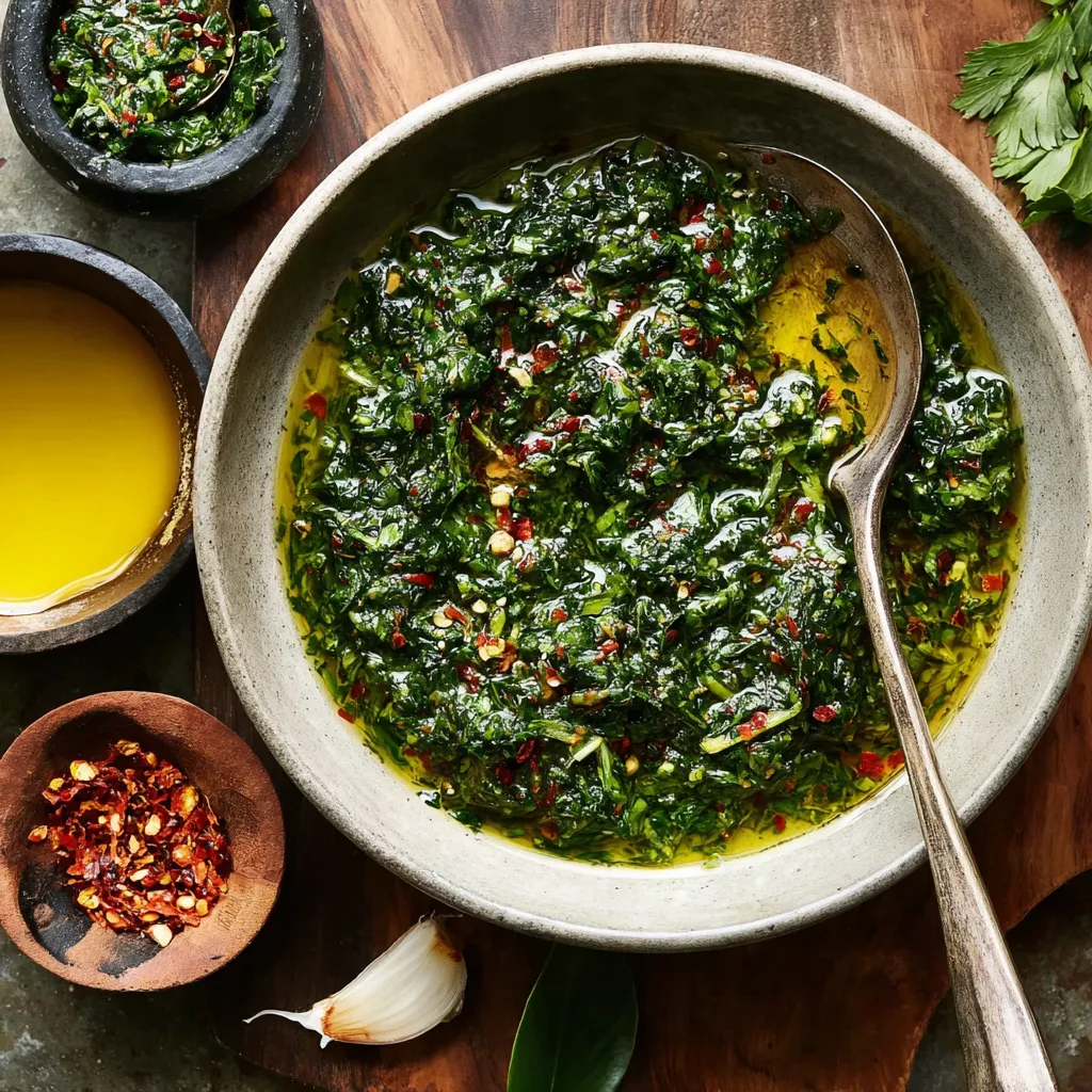 A bowl of green sauce with a spoon in it.