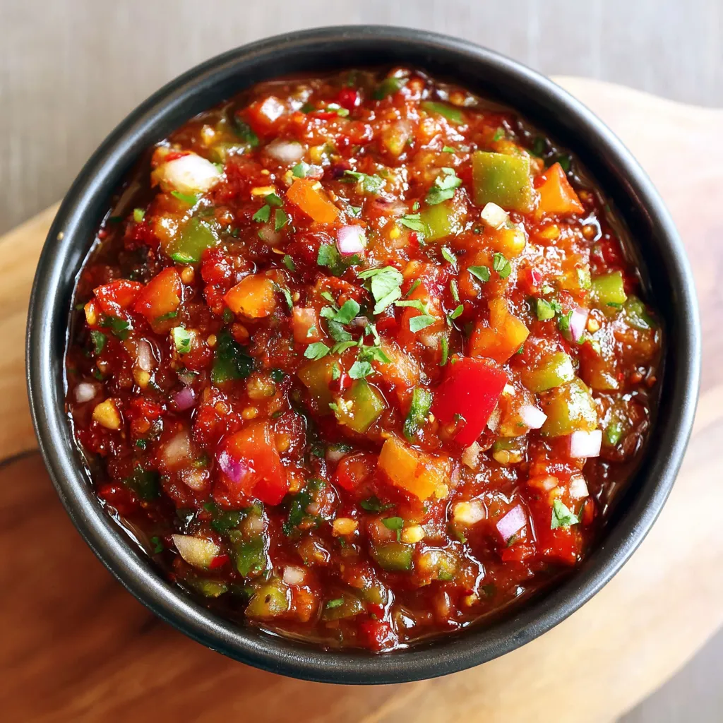 A bowl of salsa with tomatoes, onions, and peppers.