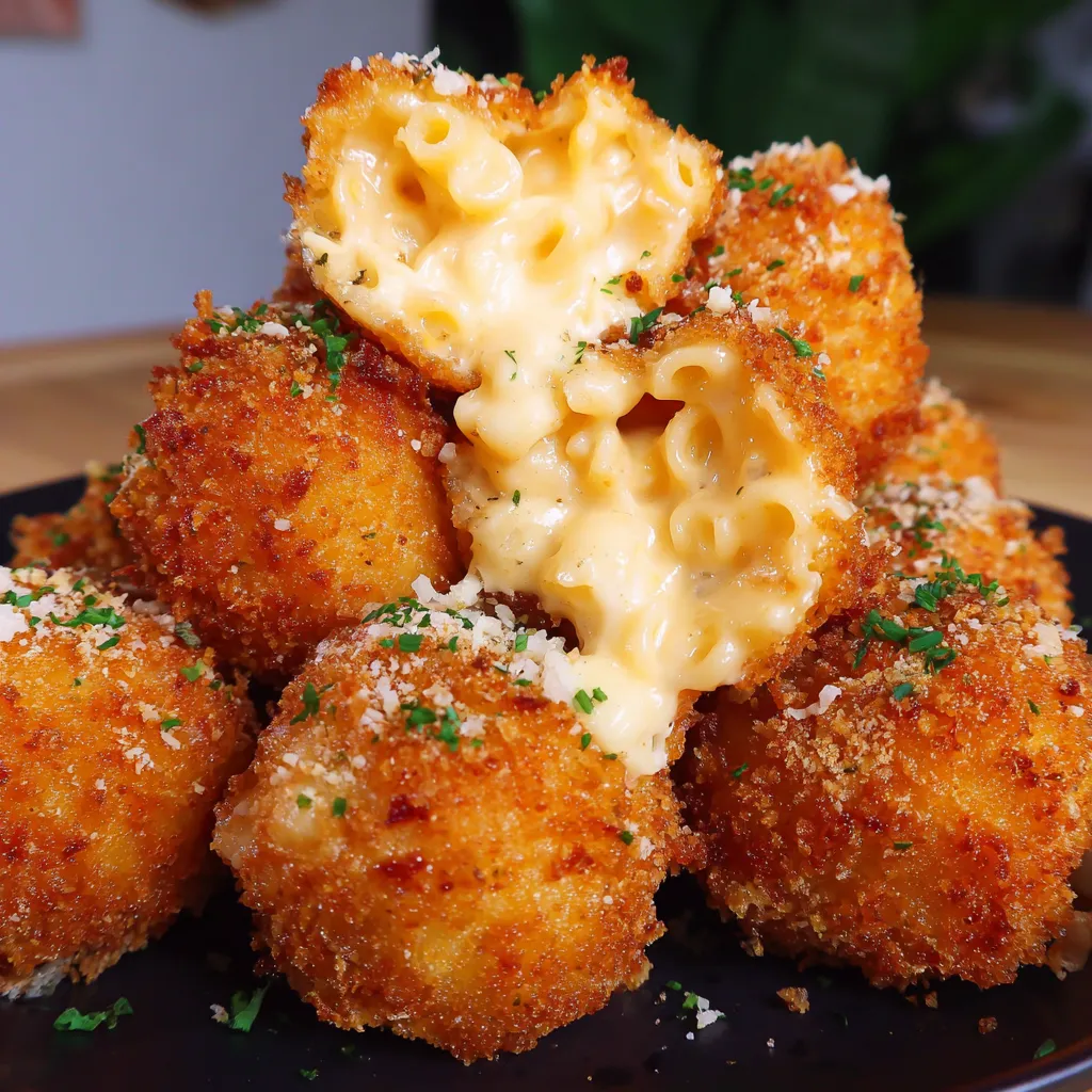 A plate of crispy fried mac and cheese balls.