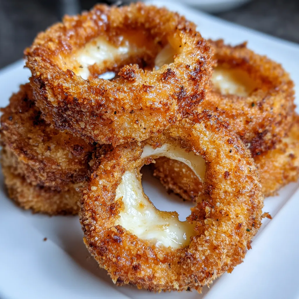 Cheesy onion rings on a white plate.
