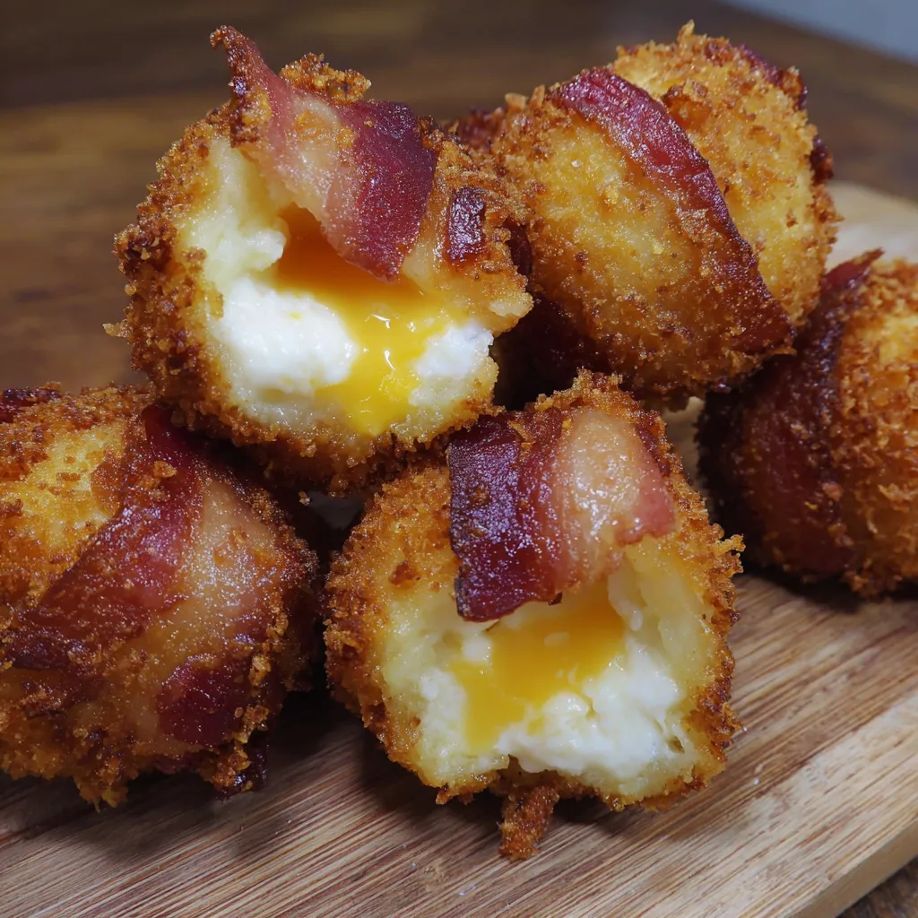 Mashed potato bacon bombs on a wooden table.