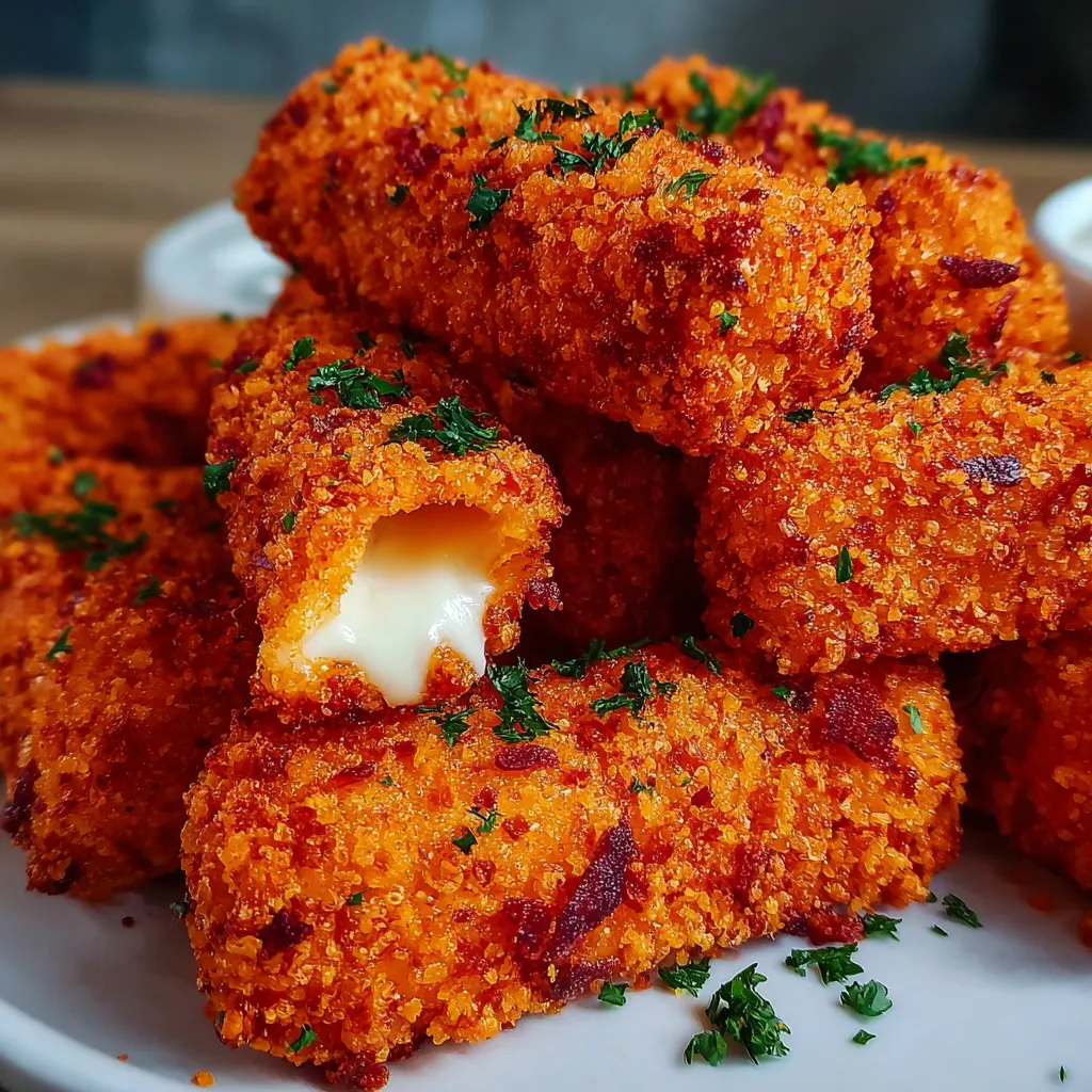 A plate of cheese sticks with melted cheese on top.