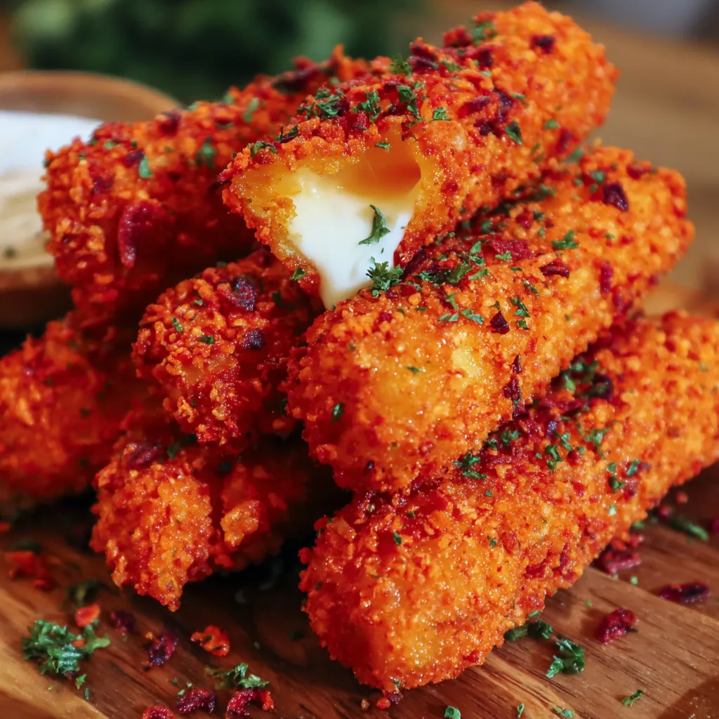 A plate of hot cheeto mozzarella sticks.