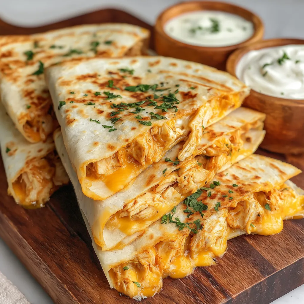 A plate of chicken quesadilla with a side of sour cream.
