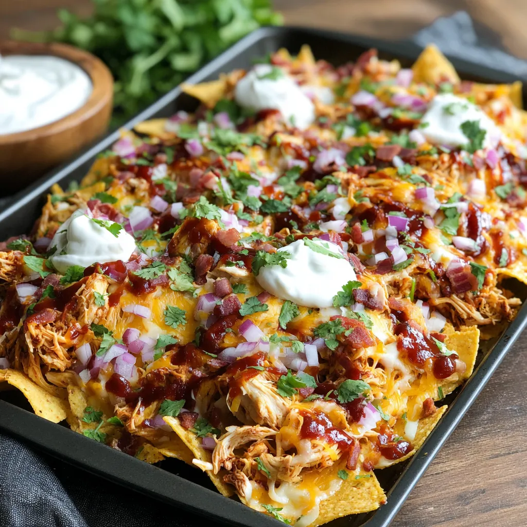 A pan of nachos with chicken and cheese.
