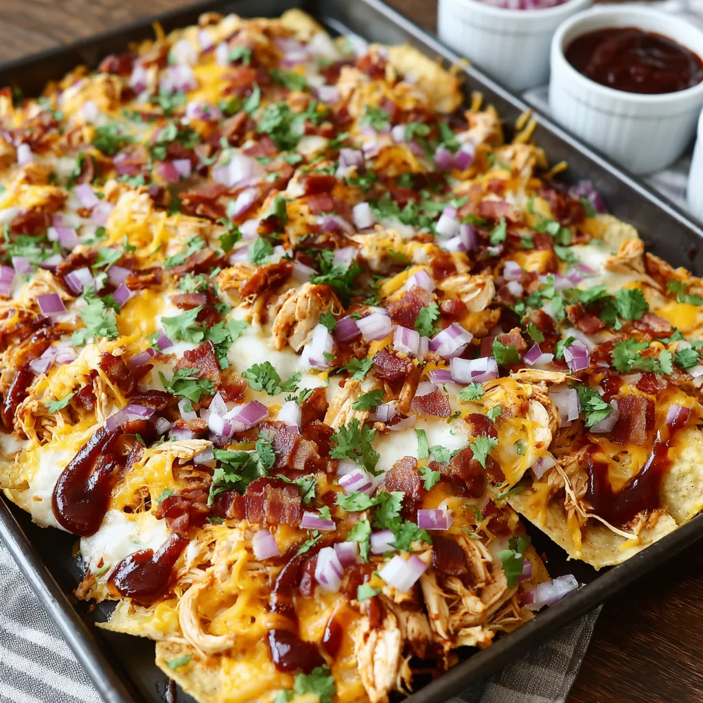 A pan of BBQ chicken nachos.