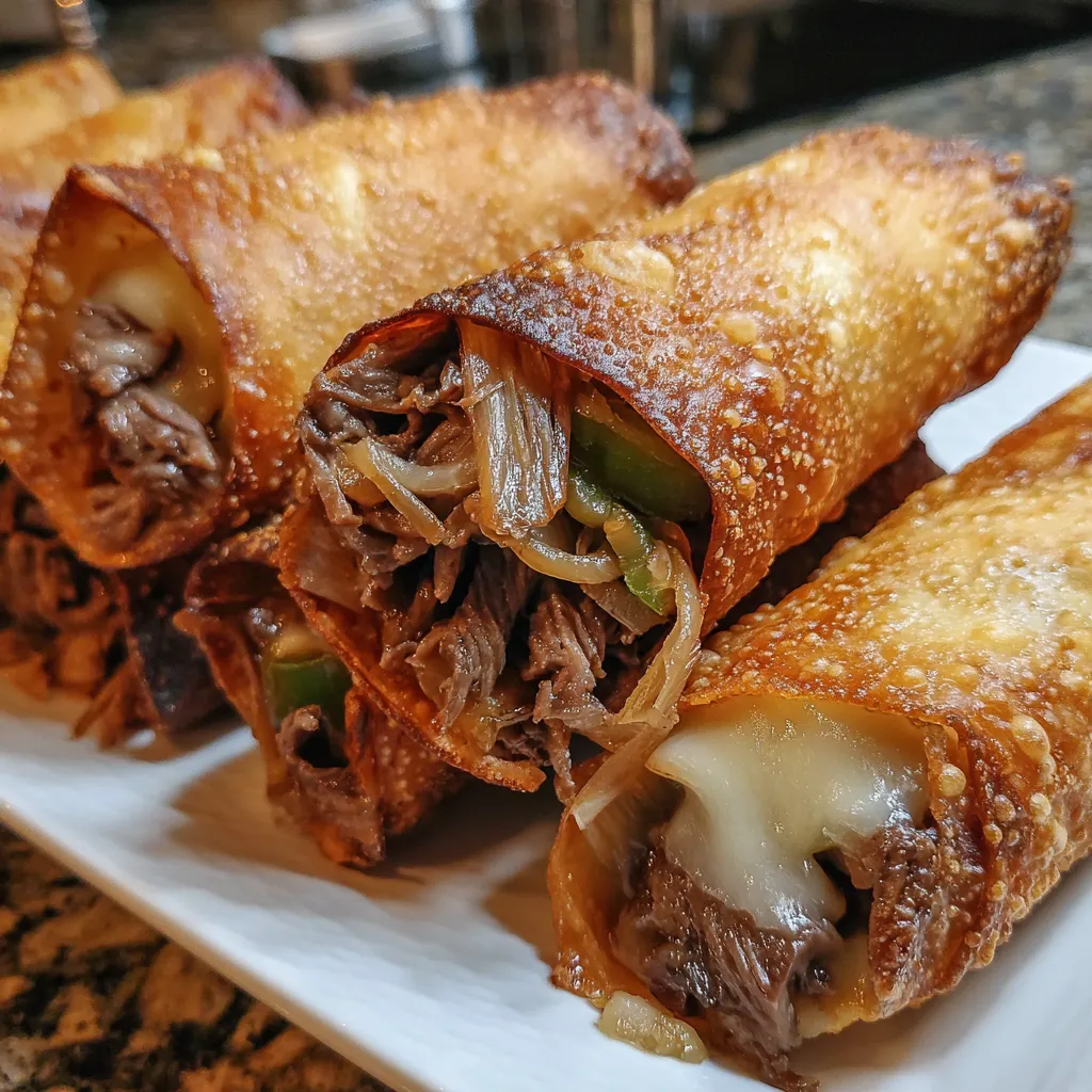 A plate of Philly cheesesteak egg rolls.