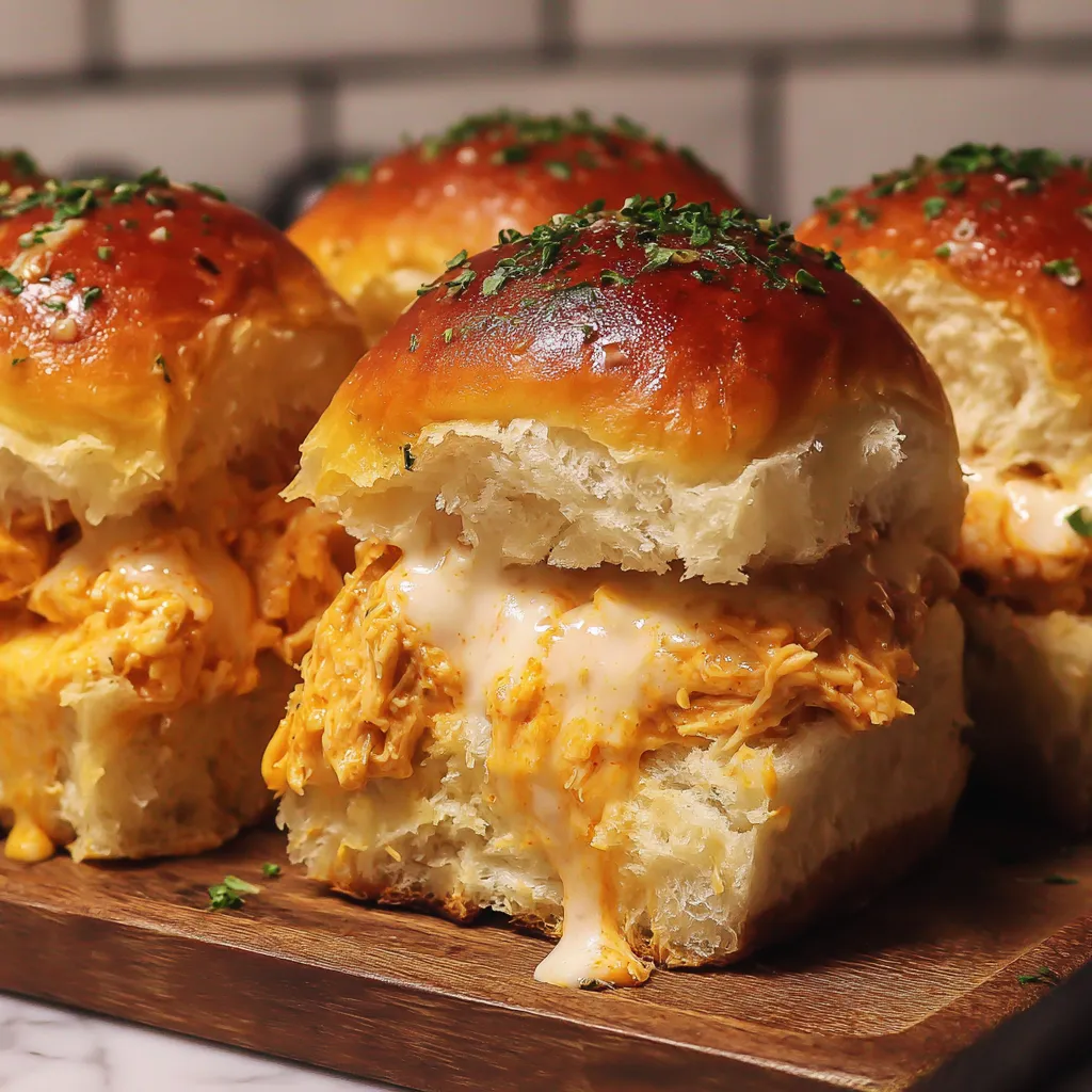 Buffalo chicken sliders on a wooden tray.