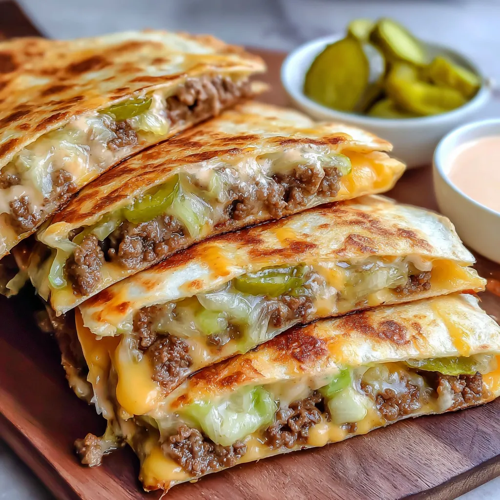A cheeseburger quesadilla on a wooden cutting board.