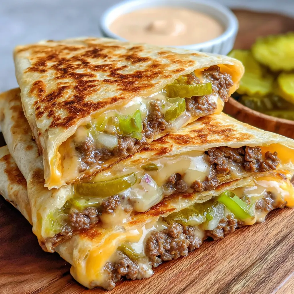 A cheeseburger quesadilla with jalapenos.
