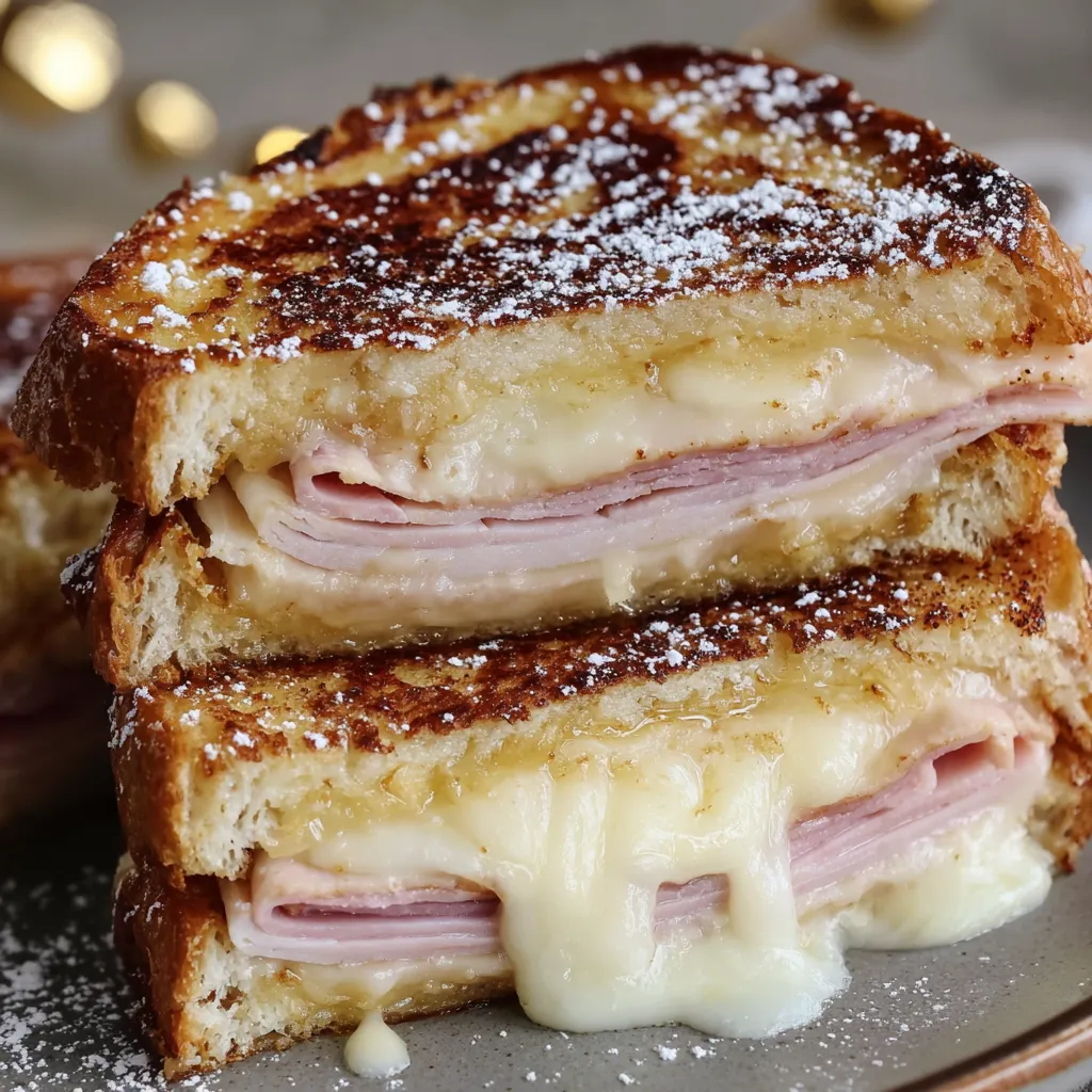 A Monte Cristo sandwich with cheese and ham.