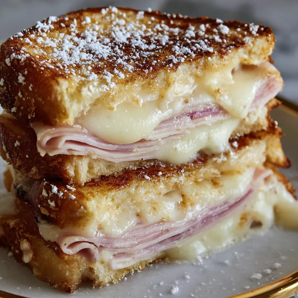 A Monte Cristo sandwich with powdered sugar on top.