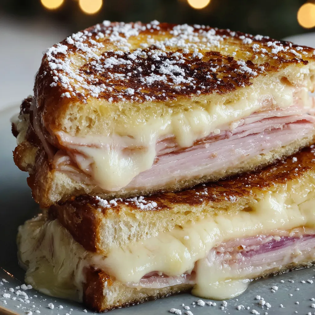 A Monte Cristo sandwich with powdered sugar on top.