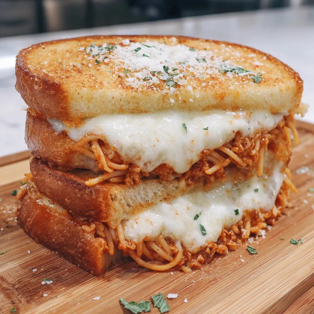A grilled cheese sandwich with spaghetti noodles in the middle.