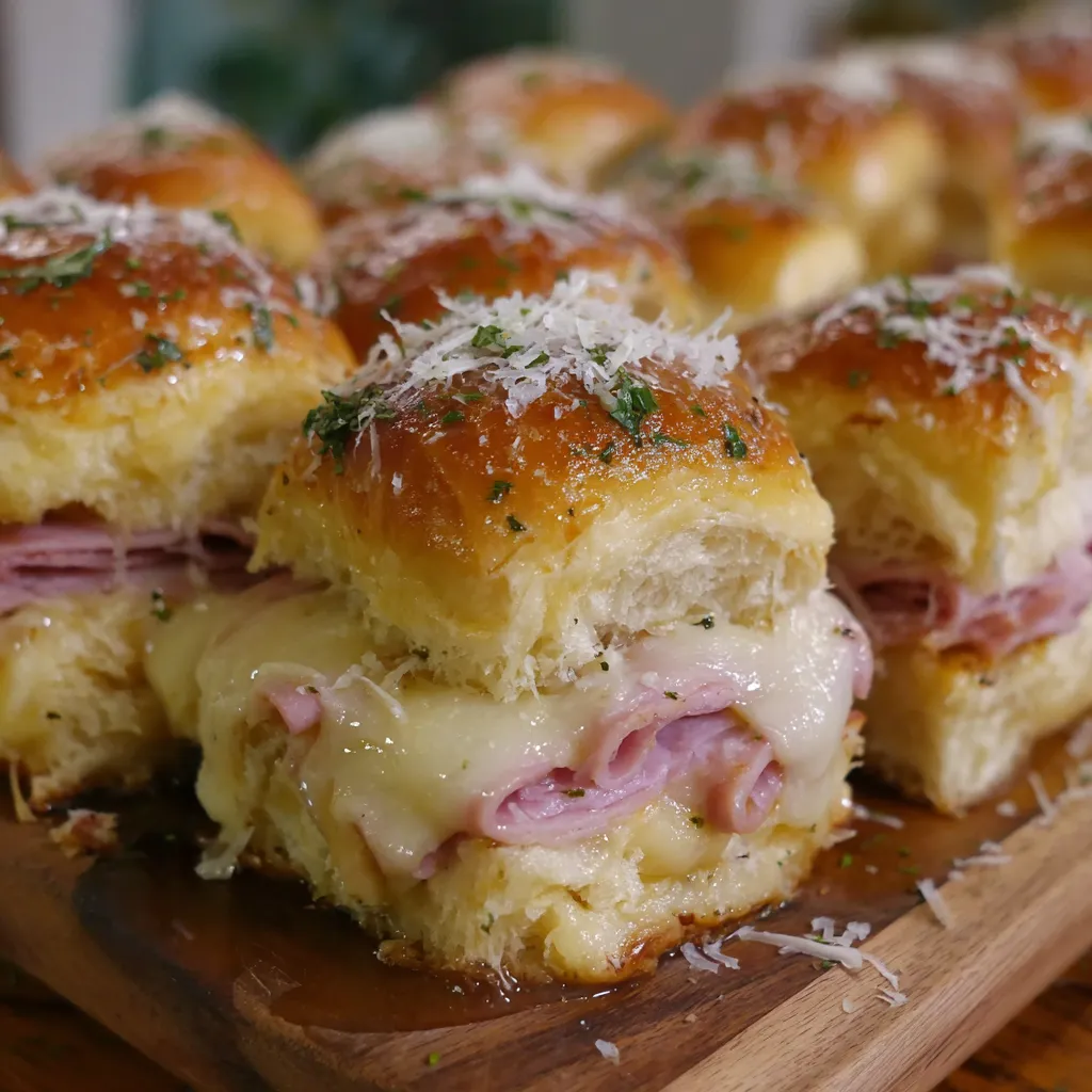 A plate of ham and swiss sliders.