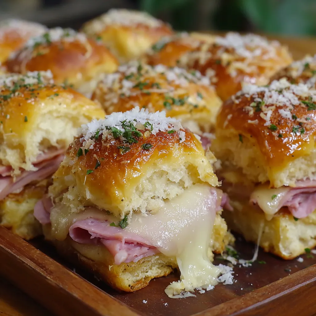 A plate of ham and swiss sliders.