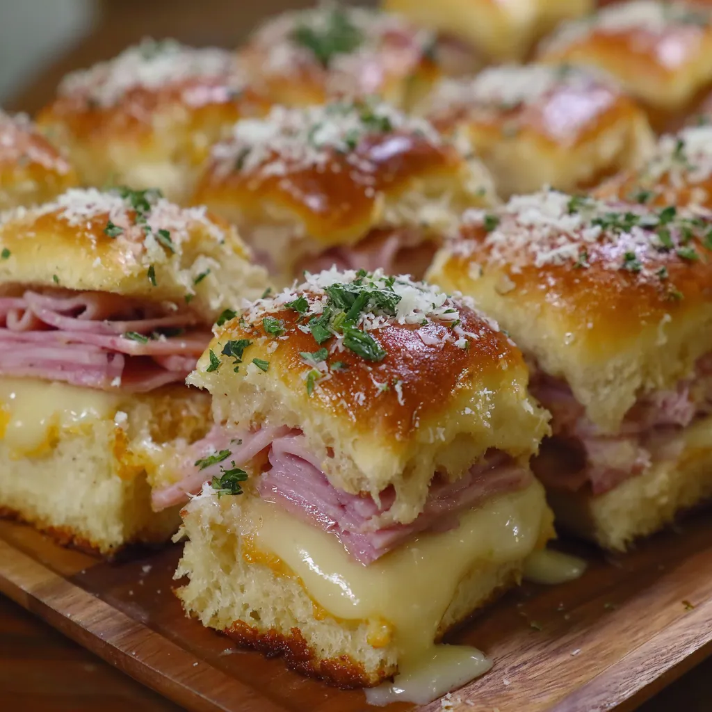A plate of ham and swiss sliders.