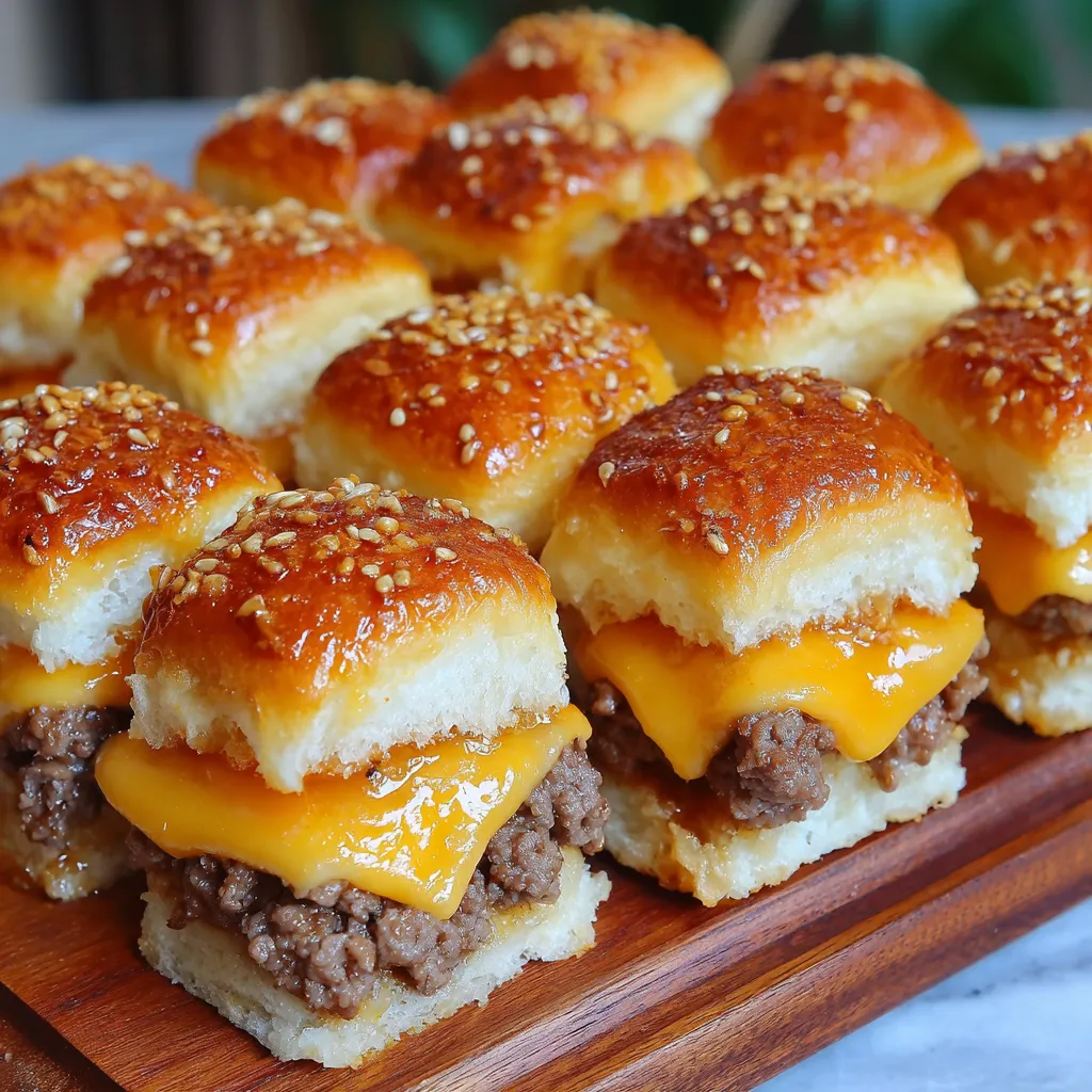 A plate of cheeseburger sliders with Hawaiian rolls.