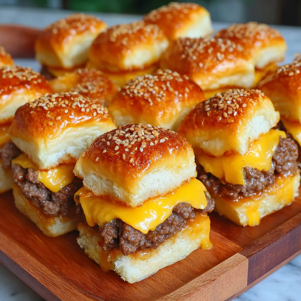 A plate of cheeseburger sliders with hawaiian rolls.