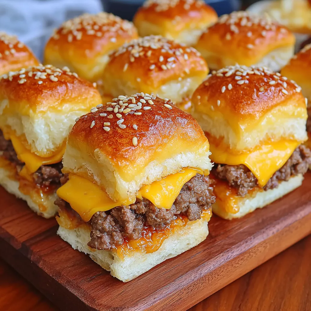 A plate of cheeseburger sliders with hawaiian rolls.