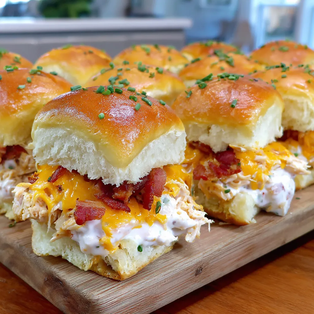 Chicken Bacon Ranch Sliders on a wooden platter.