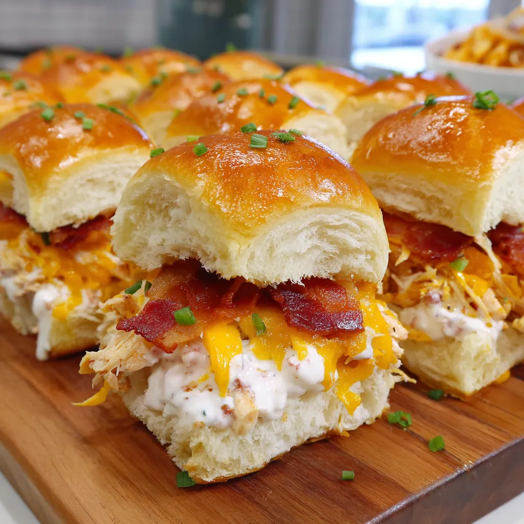 Chicken Bacon Ranch Sliders on a wooden platter.