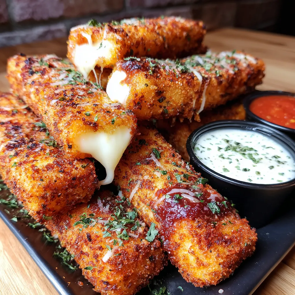 A plate of crispy mozzarella sticks with dips.