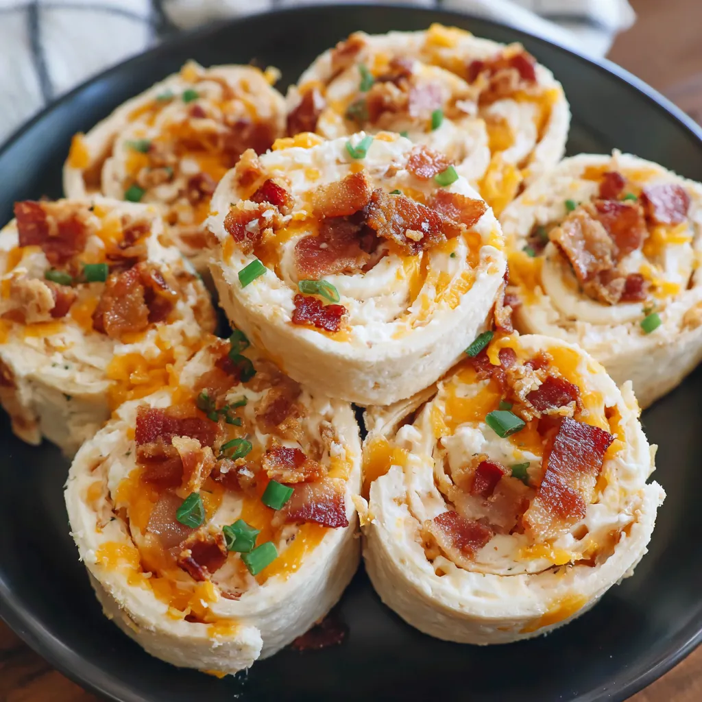 A plate of bacon and cheese pinwheels.