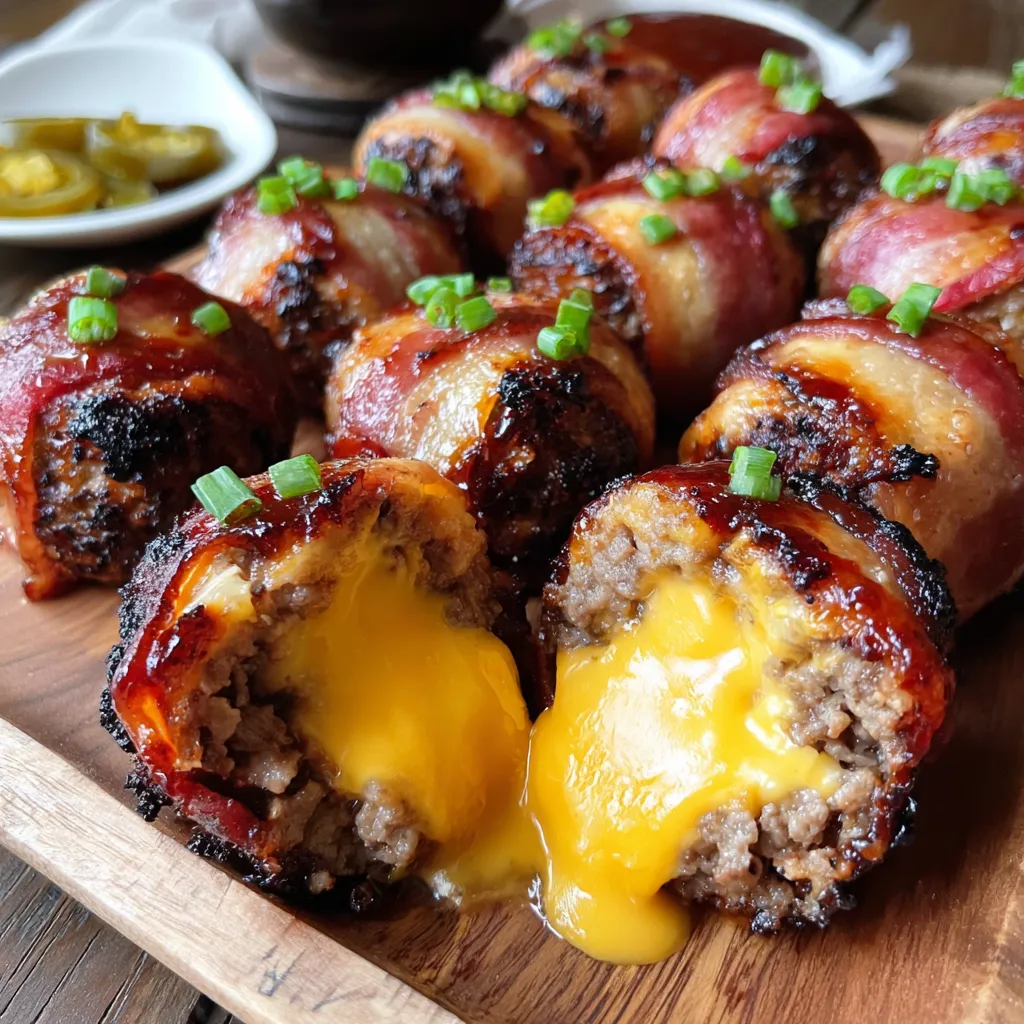 Cheddar-stuffed BBQ bacon bombs on a wooden platter.