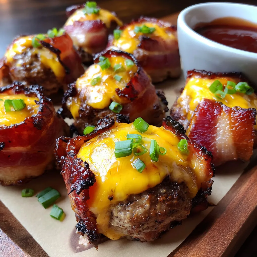 Cheddar-stuffed BBQ bacon bombs on a wooden tray.