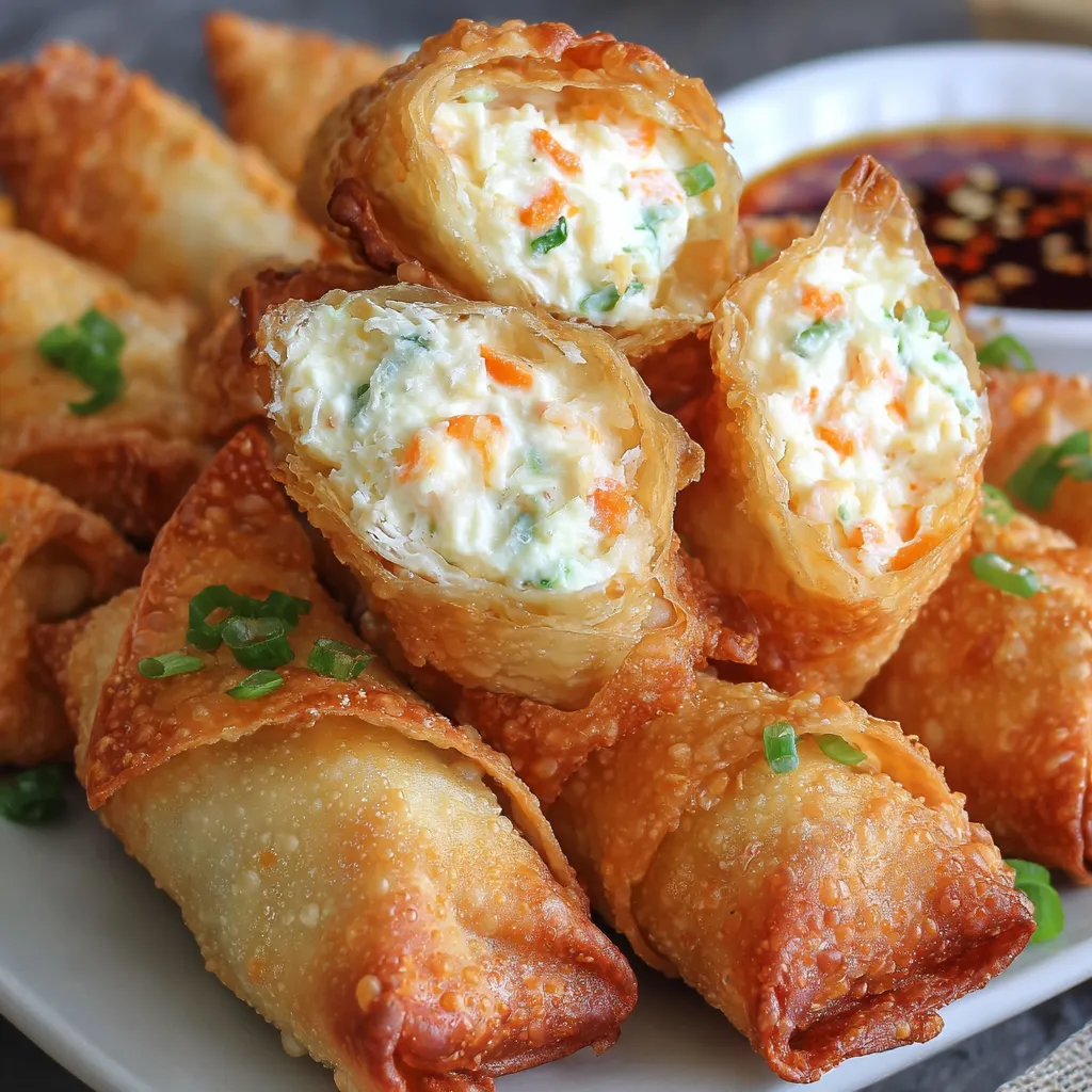 A plate of crab rangoon egg rolls.