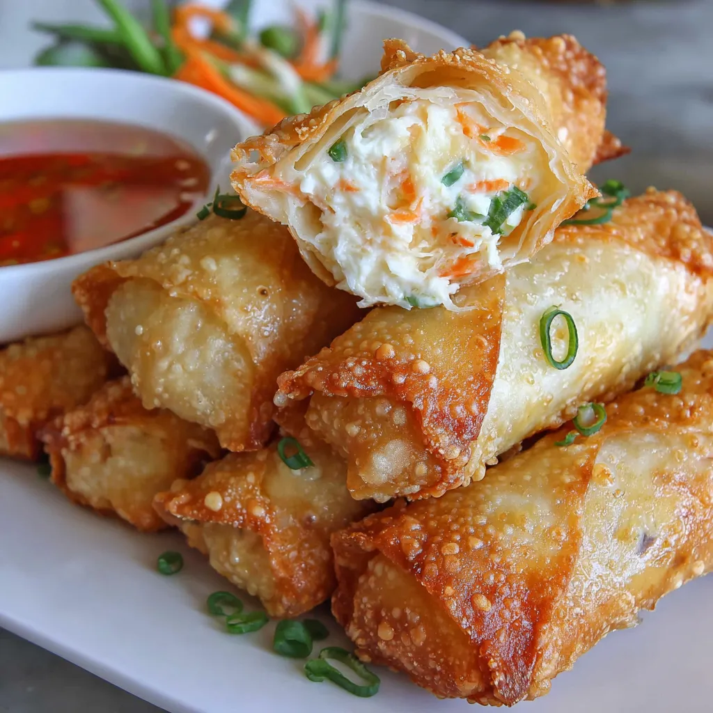 A plate of crab rangoon egg rolls.