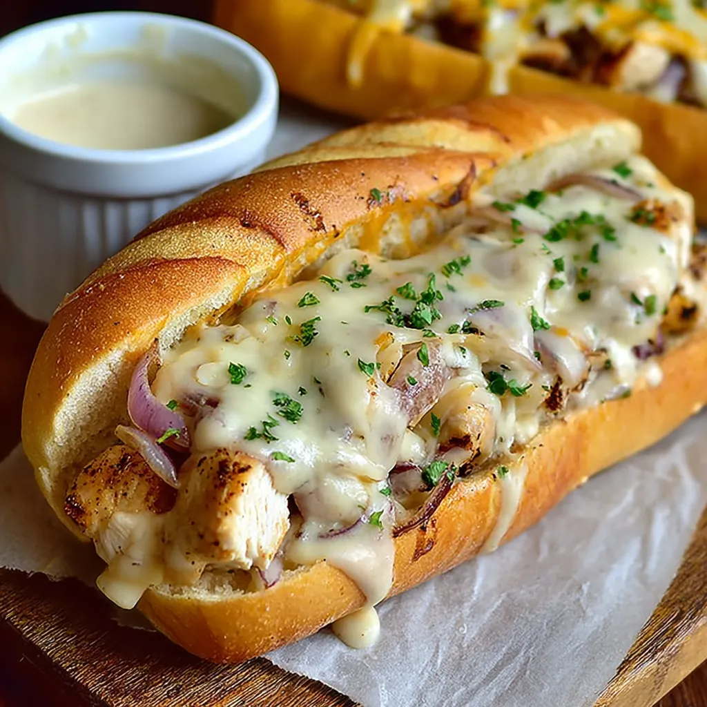 A white BBQ chicken sub with cheese and onions.