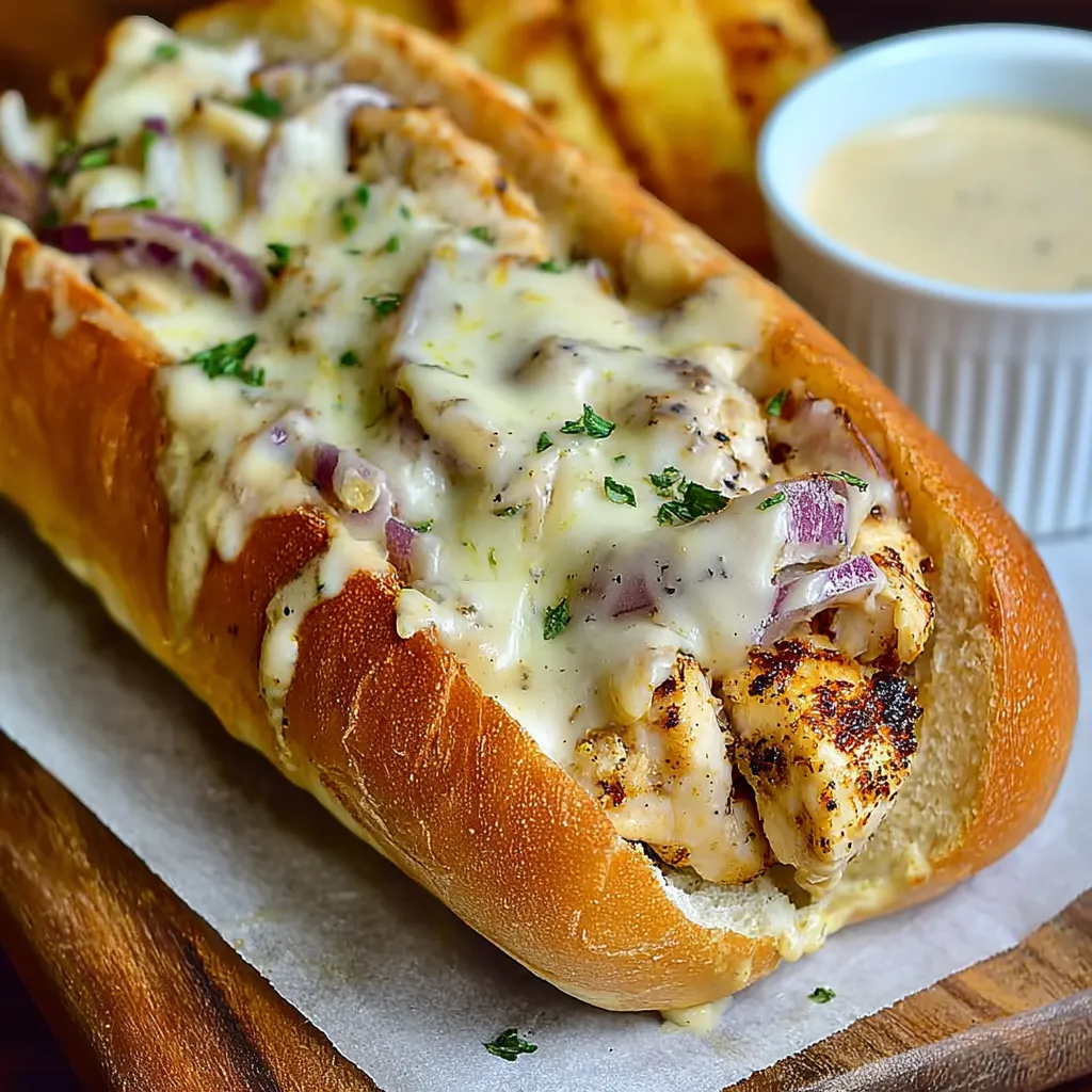 A white BBQ chicken sub with onions and cheese.