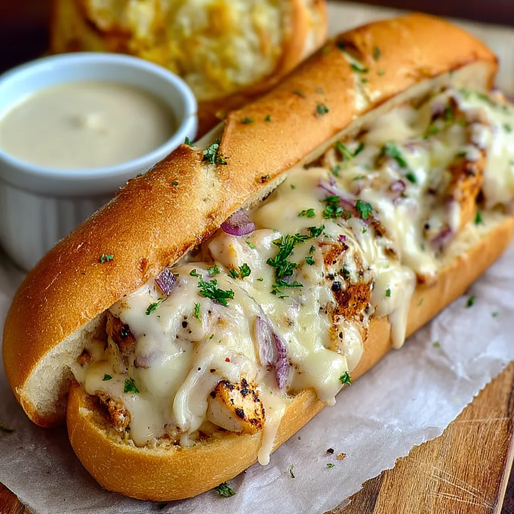 A white BBQ chicken sub with cheese and onions.