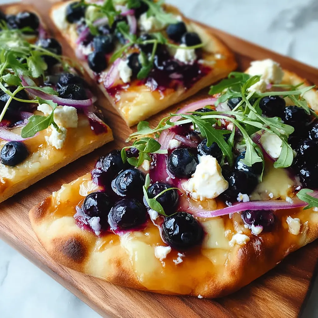 A pizza with blueberries and feta cheese on top.