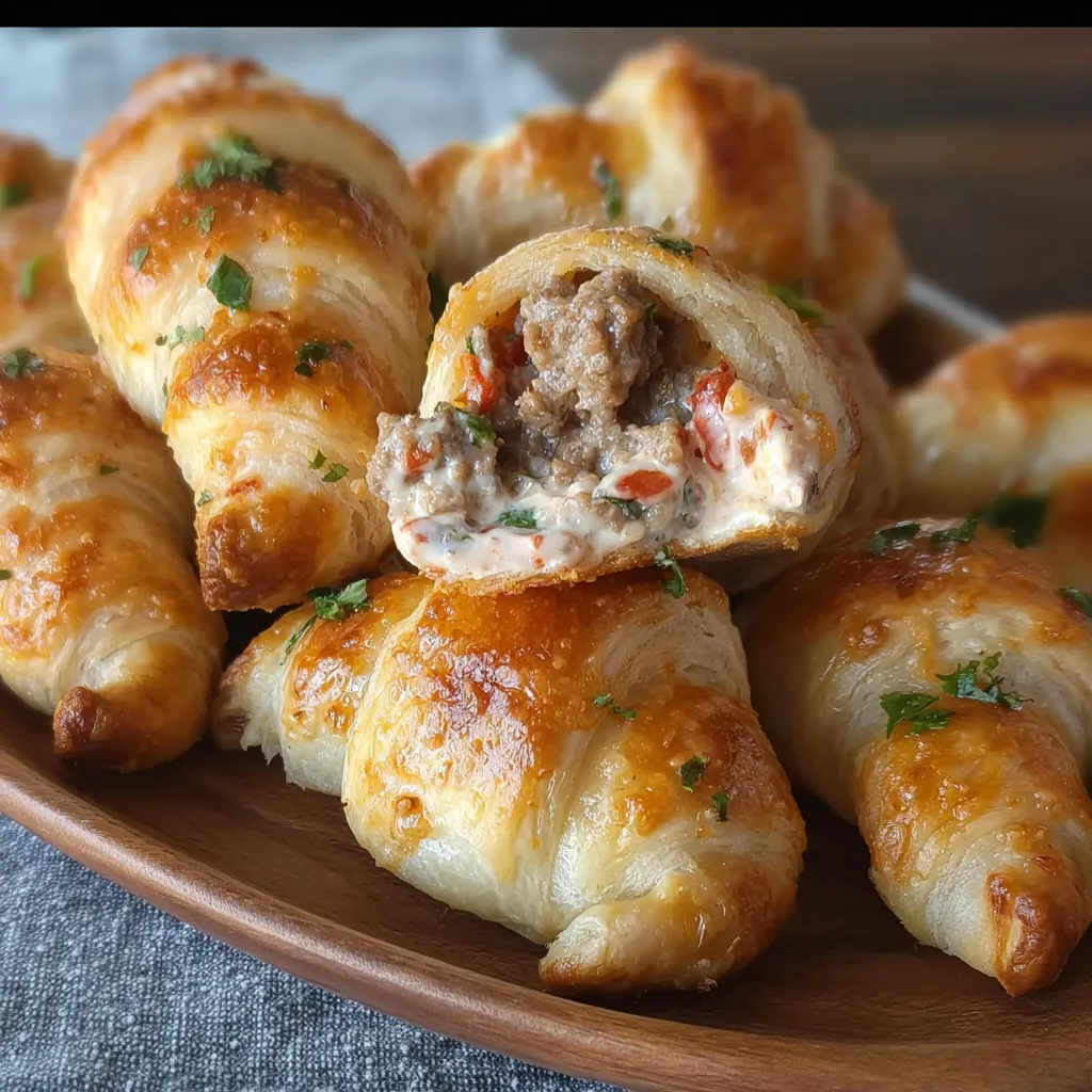 A plate of sausage, rotel and cream cheese crescent rolls.
