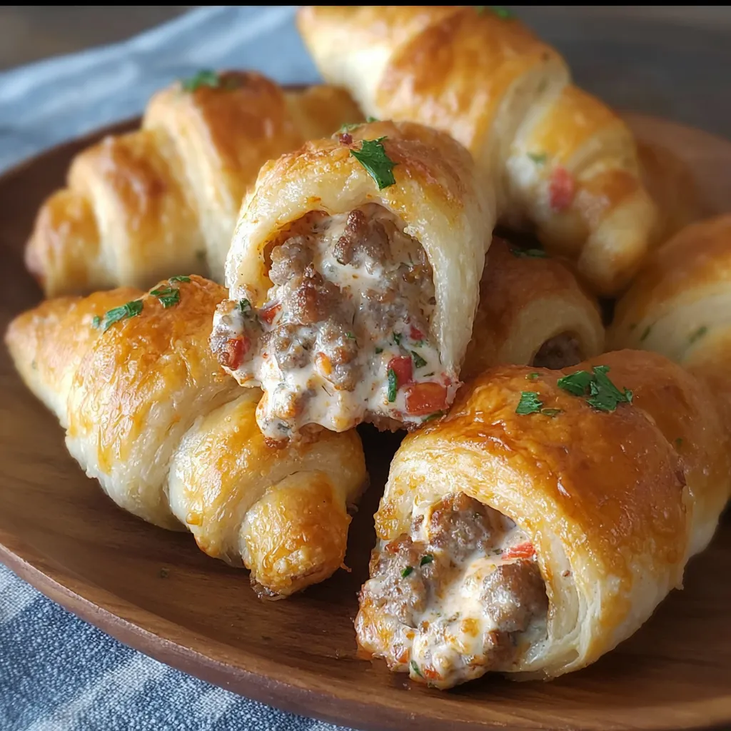 A plate of sausage, rotel and cream cheese crescent rolls.