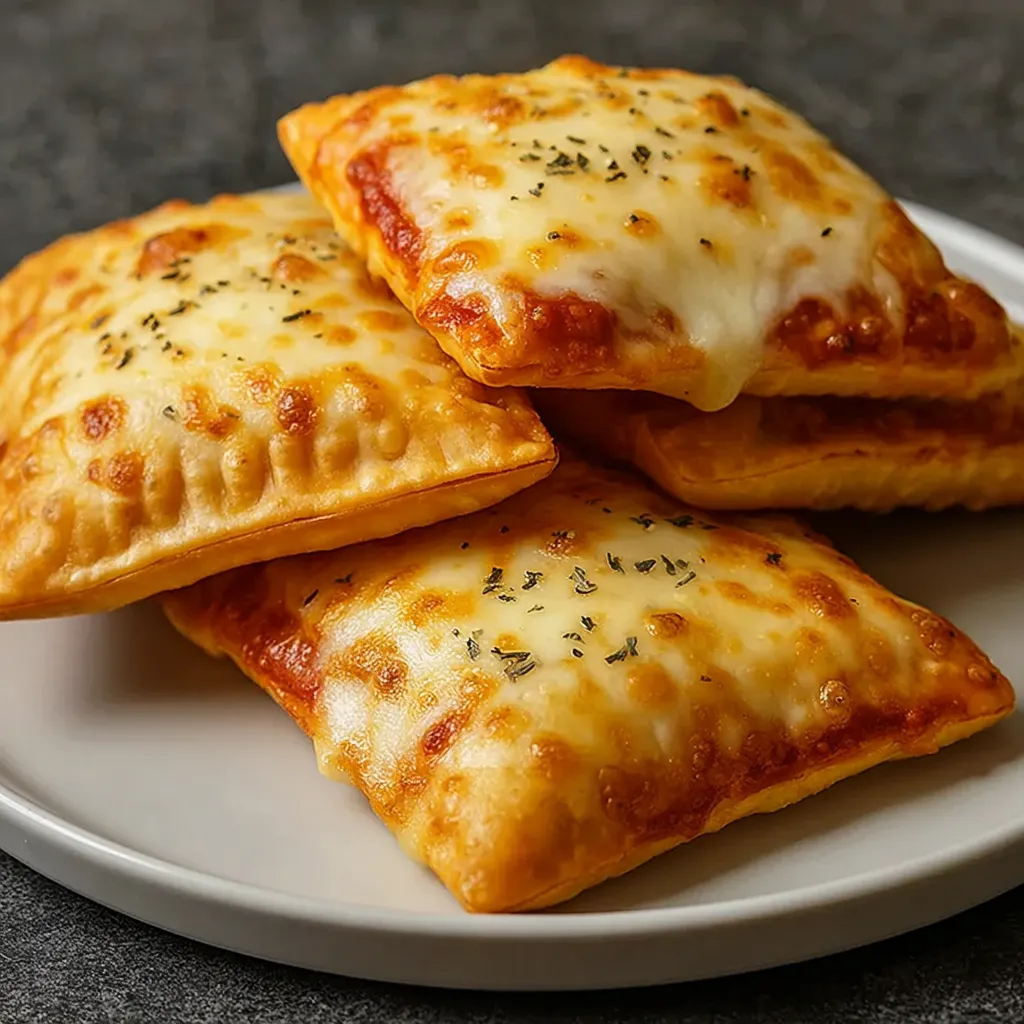 A plate of cheesy pizza pockets.