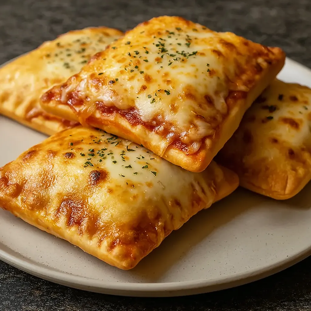 Three cheesy pizza pockets stacked on a plate.