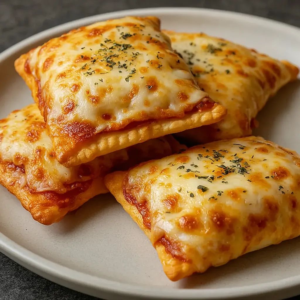A plate of cheesy pizza pockets.