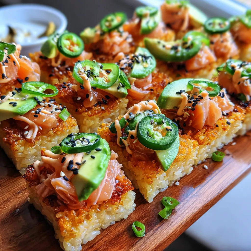 A plate of food with a salmon crispy rice dish.