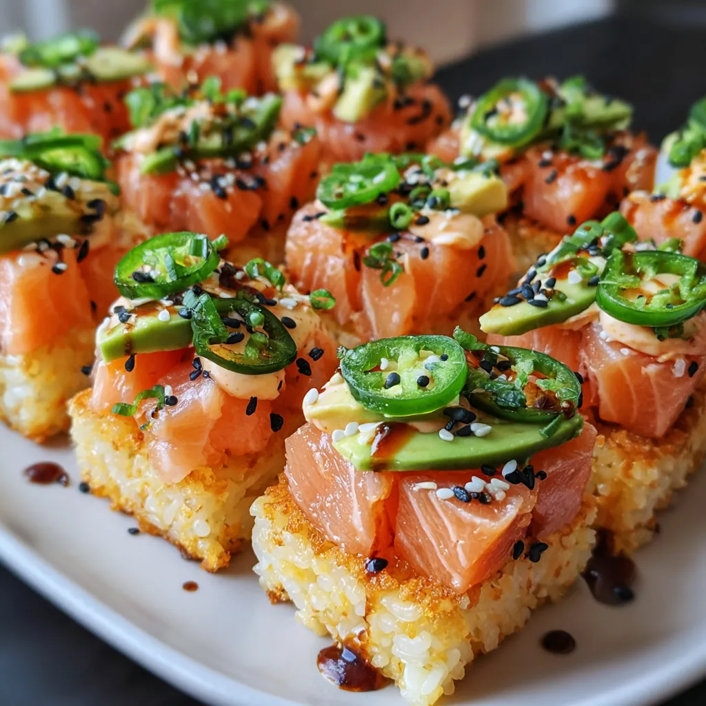 A plate of food with a salmon crispy rice dish.