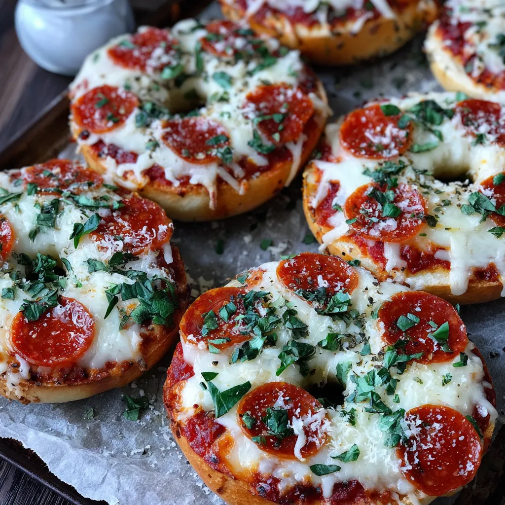 Giant pizza bagels on a tray.