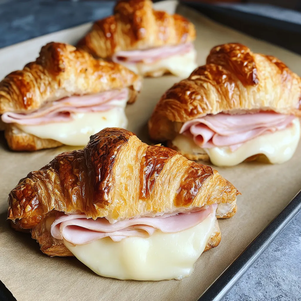 Turkey and ham croissant melt on a tray.